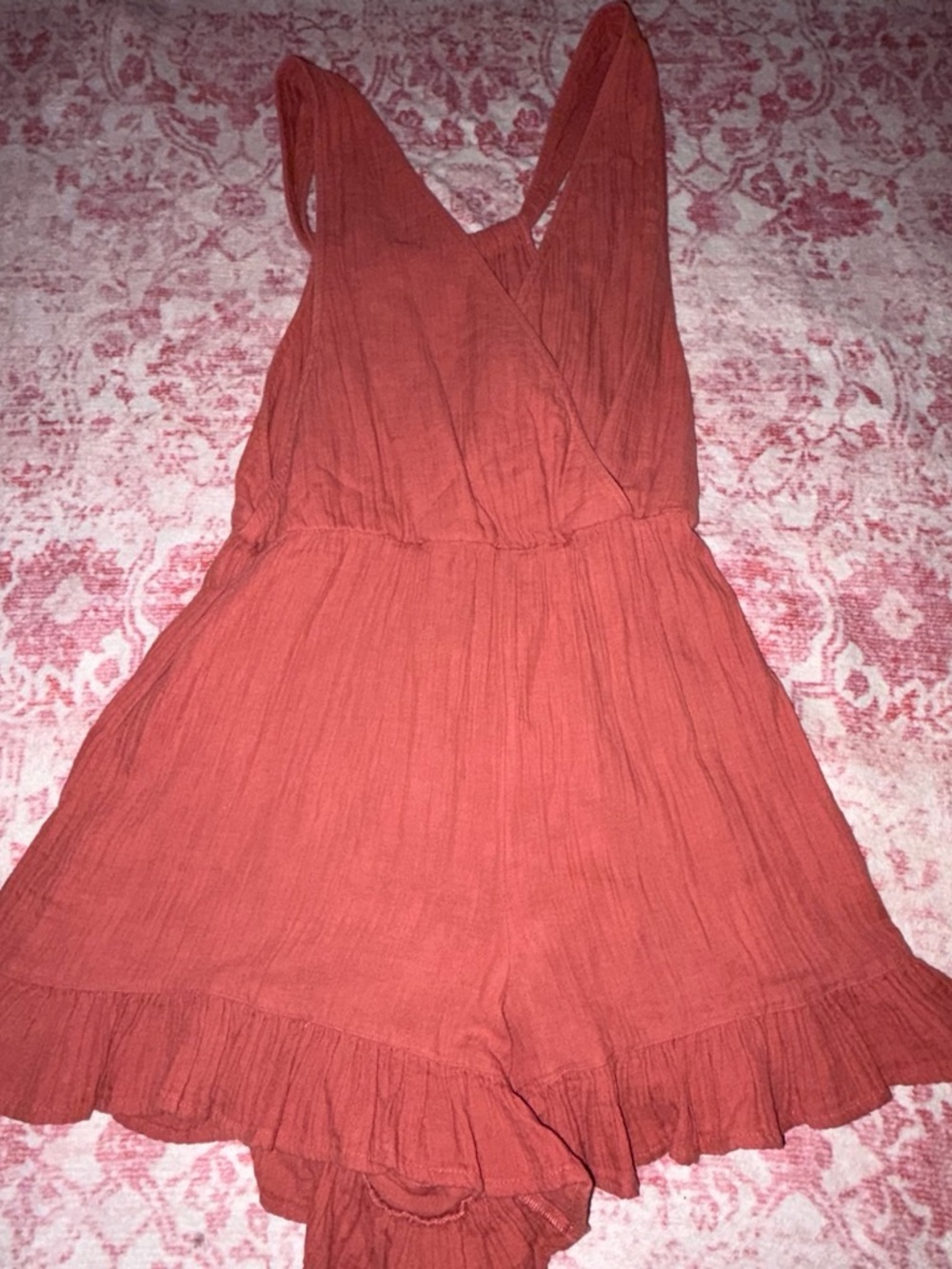 bp Rust Orange Sleeveless Ruffle-Hem Bodysuit Romper